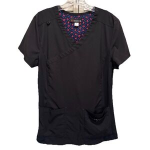 Koi Basics Black Scrub Top Short Sleeve V Neck Pockets Size Medium Medical Sherp